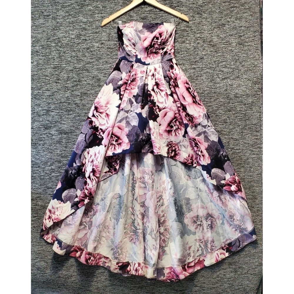 Speechless Strapless Floral Sateen Hi-Low‎ Prom Dress Gown Juniors 3 Pink Navy